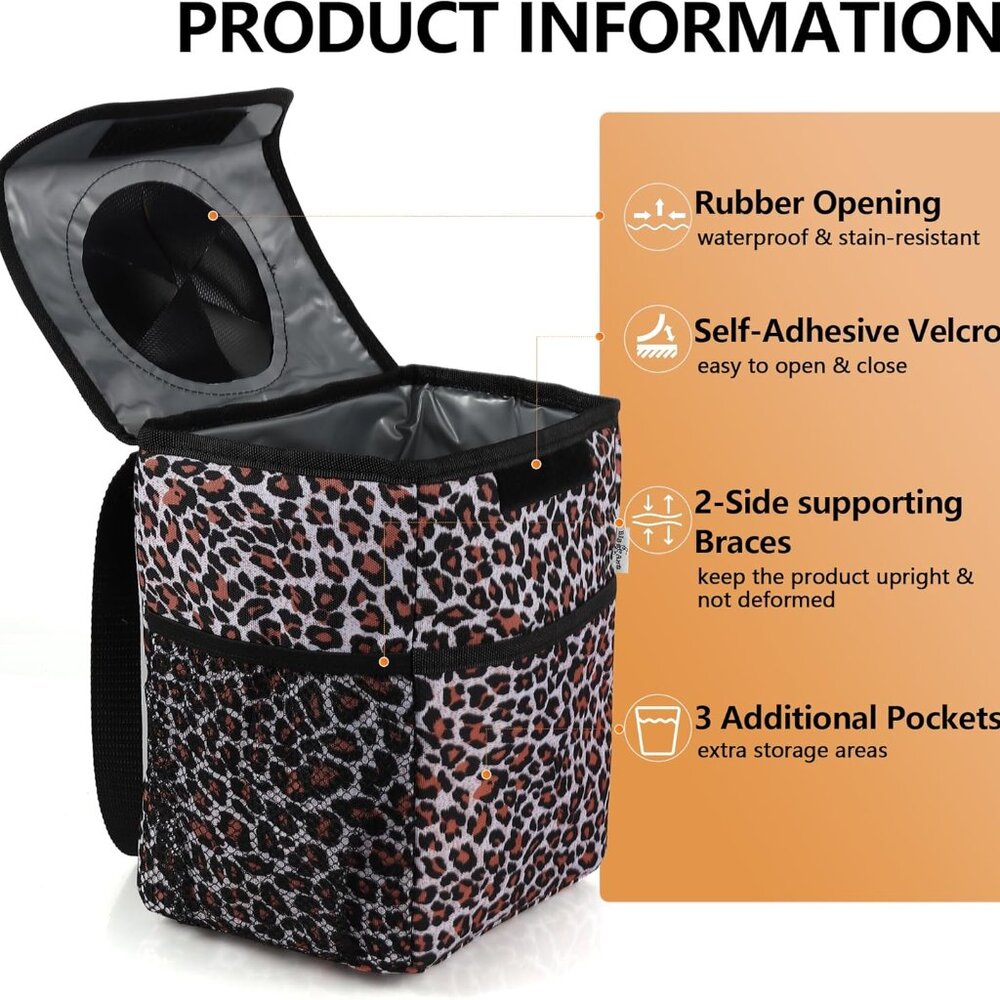 Car Cup Holder Coaster & Back Seat Trash Bin with Storage Pockets - Leopard Prin - Picture 7 of 7